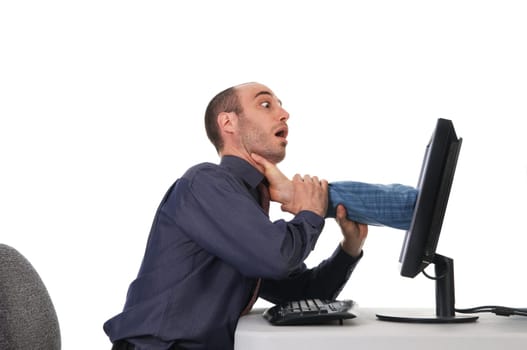 business man getting stragled by the computer