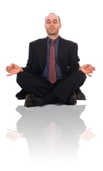 business man in a meditation position on white