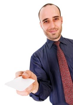 business man giving a blank card on white