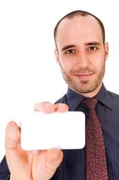 business man giving a blank card on white