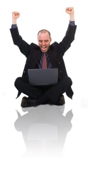 happy business man on a laptop on white