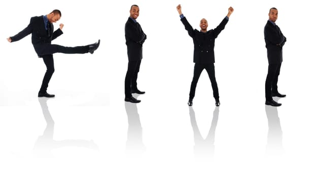 dancing happy winner business man on white poses