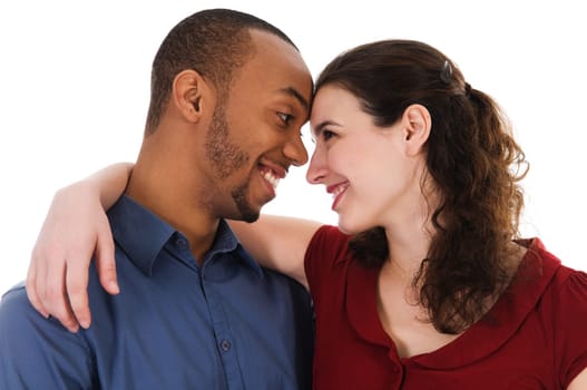 cute young multi ethnic couple in love on white