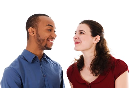 cute young multi ethnic couple in love on white