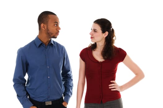 cute young angry couple lovers on white