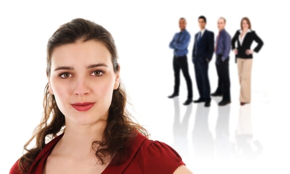 Cute Businesswoman and her business Team on white