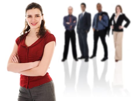 Pretty woman with her business team on white