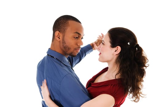 young multi ethnic couple beautiful dancing on white