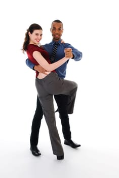 young multi ethnic couple beautiful dancing on white
