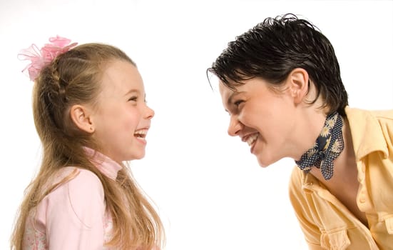 happy mom and daughter on white background
