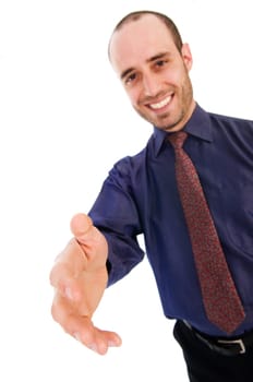 business man giving a hand shake on white