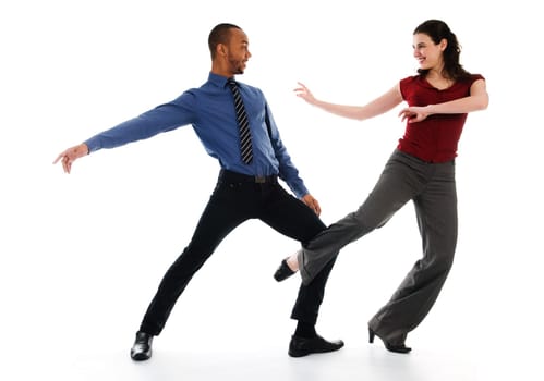 young multi ethnic couple beautiful dancing on white