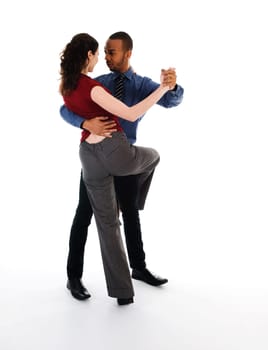 young multi ethnic couple beautiful dancing on white