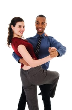 young multi ethnic couple beautiful dancing on white