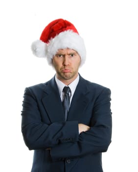 pouting man in blue suit on white background