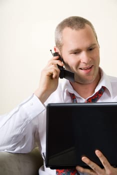 man on the phone talking very happy