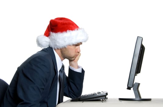 unhappy man in blue suit in front of lcd monitor