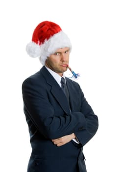 grumpy man in blue suit on white background