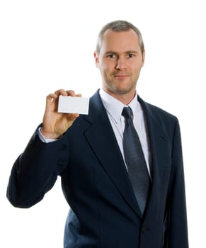 man in blue suit holding up a business card