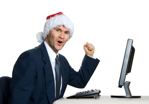happy man in blue suit with santa hat