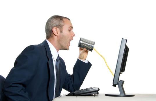 man in blue suit talking in a tin can phone