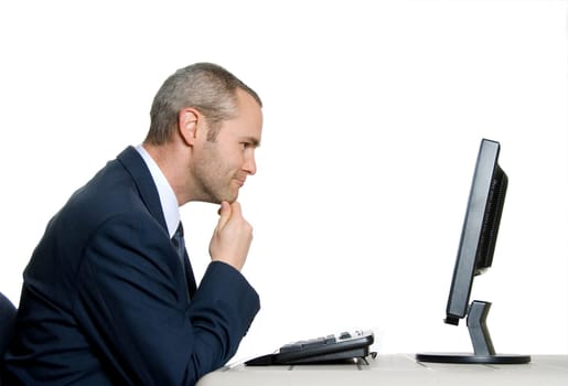 man in blue suit with tie analyzing lcd screen