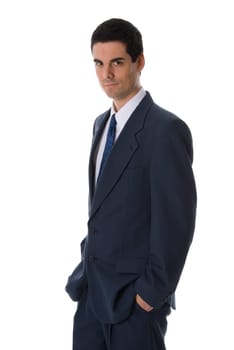 businessman in blue suit with his hands in his pockets