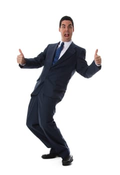 happy man in blue suit with his thumbs in the air