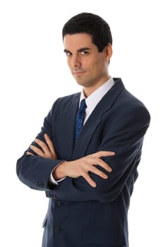 businessman in a blue suit with arms crossed