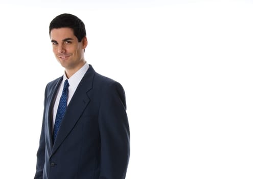 man in blue suit smiling on white background