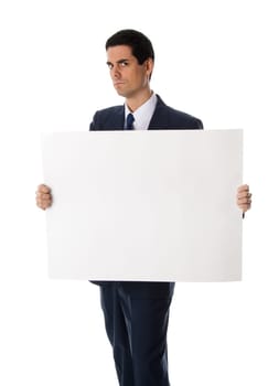 man holding a blank card for advertizing