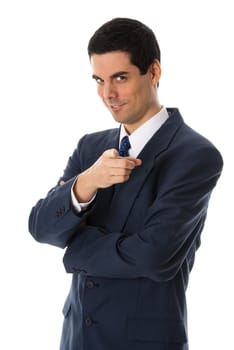 man in blue suit pointing a finger at camera