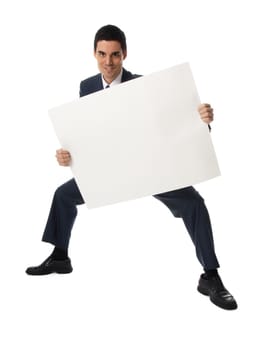man in blue suit holding a blank card