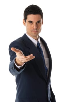 man in blue suit lending a helping hand