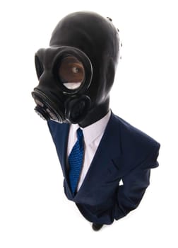 man in a blue suit with a latex mask wide angle