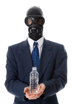 man in blue suit holding a water bottle