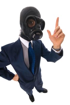 man in a blue suit with a latex mask with a question