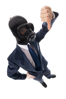 man in blue suit with black rubber mask