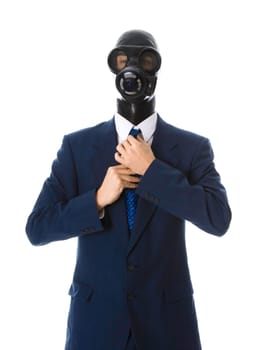 man in a lue suit with a latex mask fixing his tie