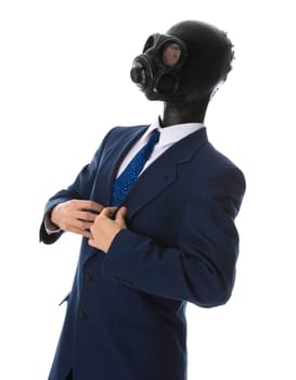 man in a blue suit with mask checking himself out