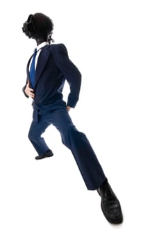 man in a lue suit with a latex mask