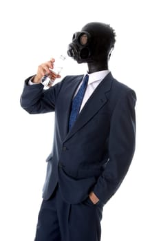 man in blue suit with mask drinking