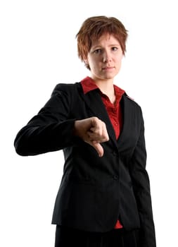 woman in black jacket with her thumb pointing down