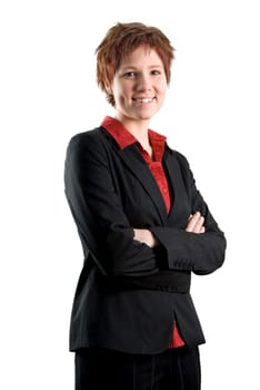 business woman on a black jacket and a red blouse