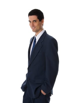 man in blue suit smiling on white background