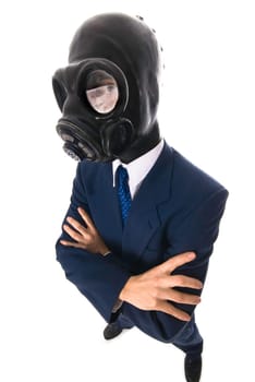 man in a blue suit with a latex mask wide angle