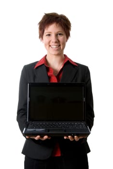 woman in black jacket holding a latop
