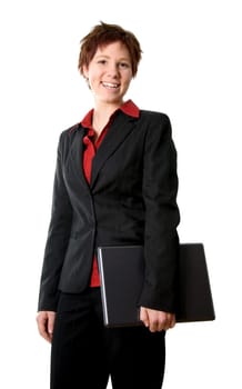happy girl holding a laptop in business attire