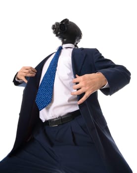man in a blue suit with mask checking himself out