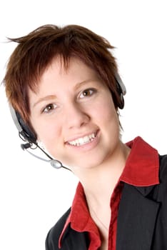girl with headset smiling at the camera